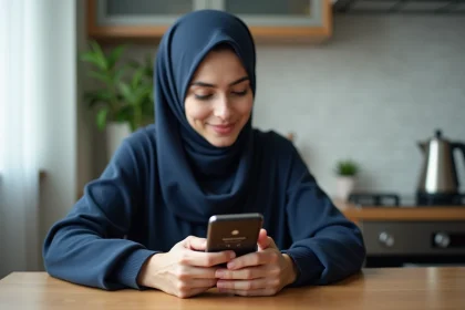 Jeune femme musulmane configure ses pri&egrave;res sur smartphone