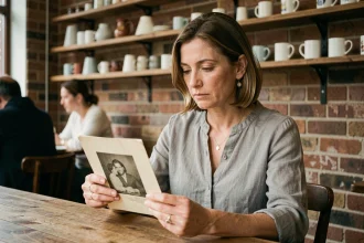 Femme quadragénaire songeuse tenant une vieille photo dans un café, évoquant les dangers émotionnels de retrouver un amour de jeunesse