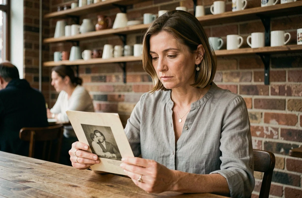 Femme quadragénaire songeuse tenant une vieille photo dans un café, évoquant les dangers émotionnels de retrouver un amour de jeunesse