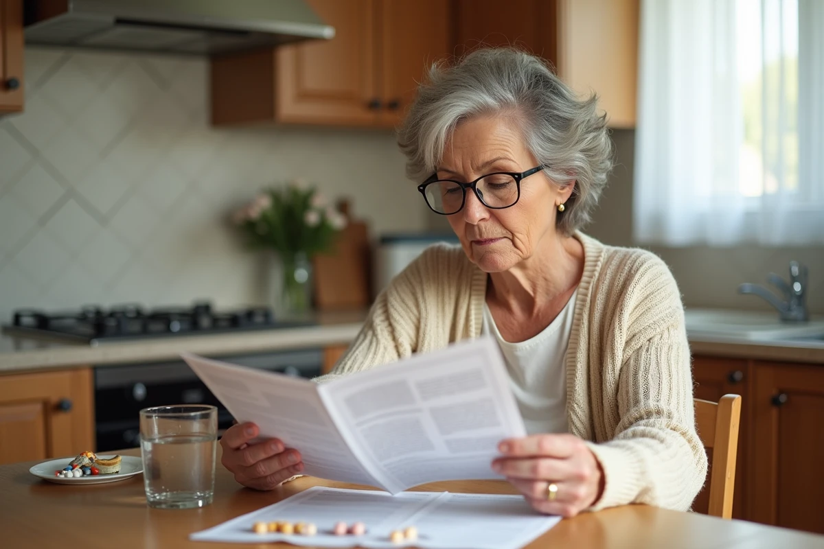 Femme lisant la notice d'un médicament à la table de cuisine avec un verre d'eau