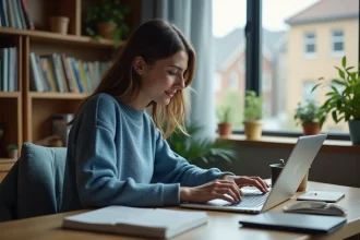Jeune femme cherchant le symbole egal sur son ordinateur