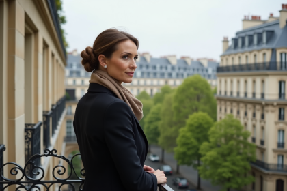 Femme élégante sur balcon parisien avec vue sur la ville