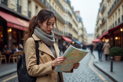 Jeune femme étudie une carte de Paris dans une rue parisienne