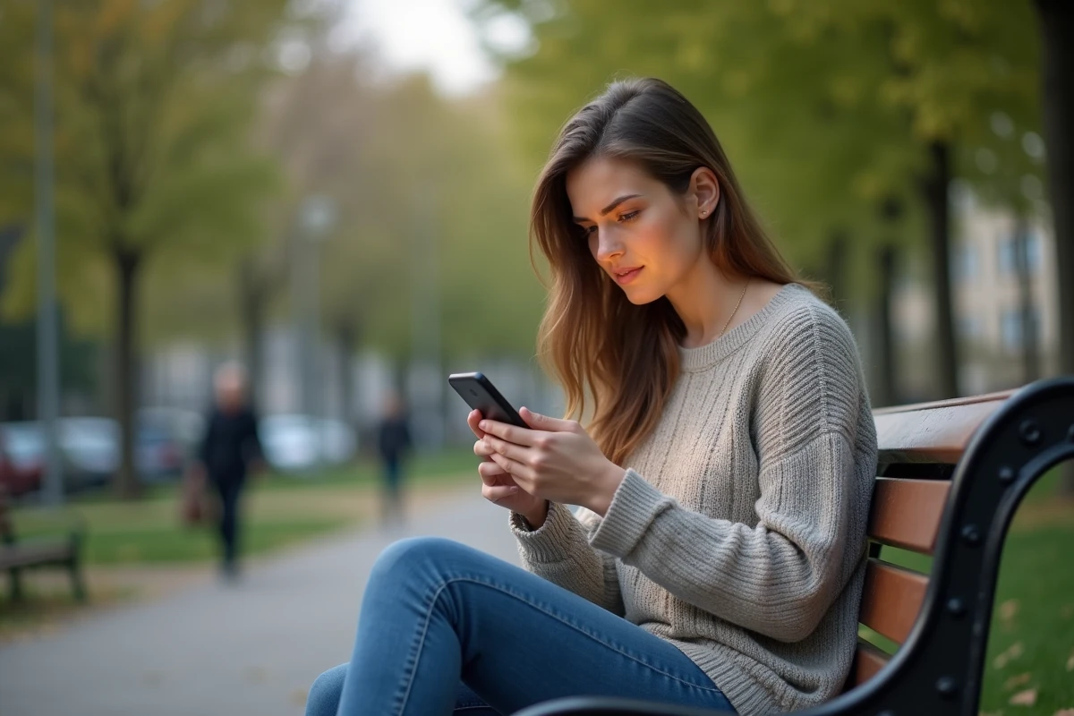 Femme regardant son smartphone dans un parc urbain