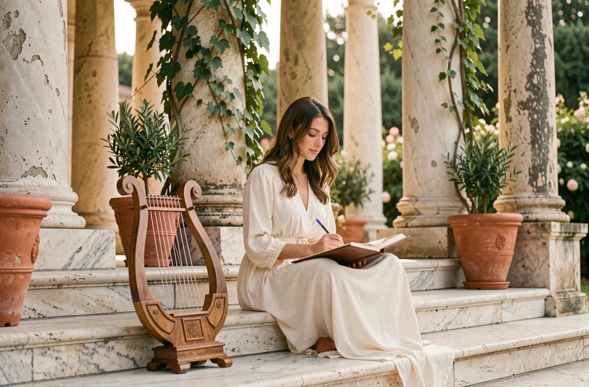 Femme poète assise sur des marches en marbre néoclassique écrivant dans un journal, entourée de colonnes et de symboles grecs évoquant Apollon