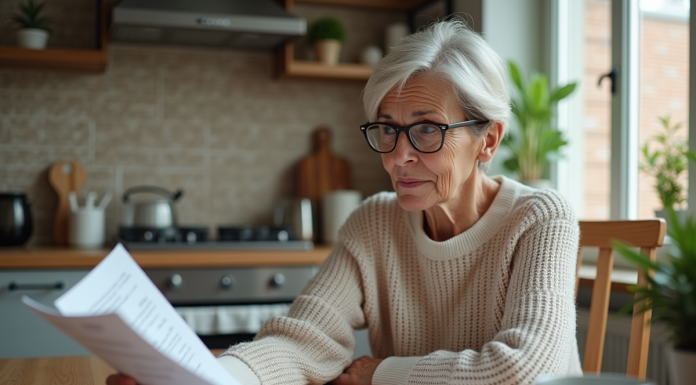 Femme âgée examinant des documents de retraite dans sa cuisine