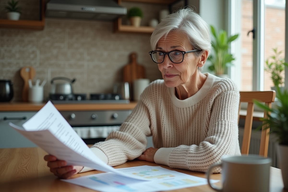 Femme âgée examinant des documents de retraite dans sa cuisine