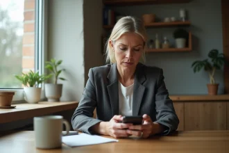 Femme d'âge moyen examinant son smartphone avec scepticisme