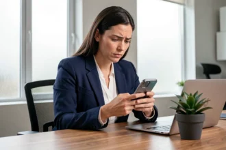 Femme consultant son smartphone pour identifier un appel suspect lié à l'indicatif 346 et protéger sa sécurité numérique