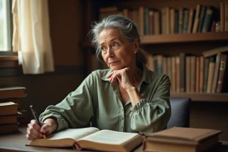 Femme d'âge mûr en silence contemplatif devant un livre de proverbes dans une bibliothèque intimiste