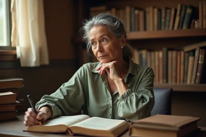 Femme d'âge mûr en silence contemplatif devant un livre de proverbes dans une bibliothèque intimiste