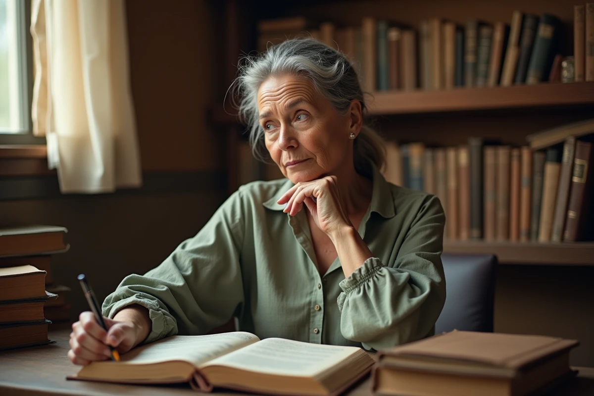 Femme d'âge mûr en silence contemplatif devant un livre de proverbes dans une bibliothèque intimiste