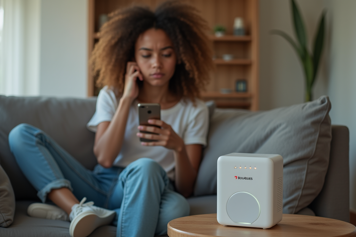 Jeune femme regardant son smartphone avec modem Bouygues en avant