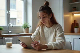 Femme assise à une table de cuisine moderne avec une tablette