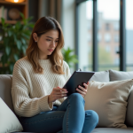 Avantages et inconvénients de la vie numérique : pour et contre du digital en 2025 Jeune femme pensant avec tablette dans un salon lumineux