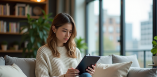 Avantages et inconvénients de la vie numérique : pour et contre du digital en 2025 Jeune femme pensant avec tablette dans un salon lumineux