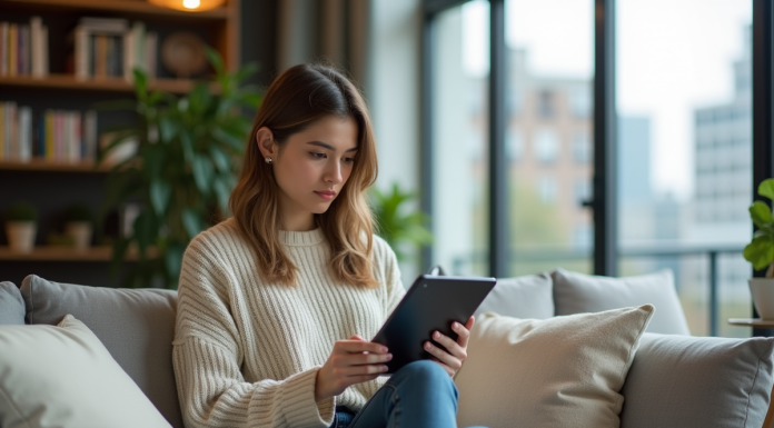 Avantages et inconvénients de la vie numérique : pour et contre du digital en 2025 Jeune femme pensant avec tablette dans un salon lumineux
