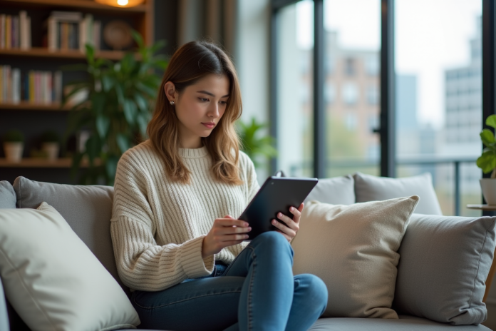 femme-tablette-salon Jeune femme pensant avec tablette dans un salon lumineux