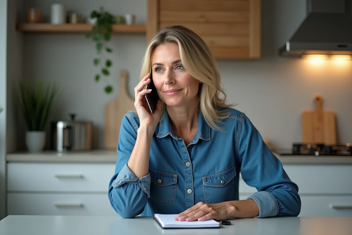 Femme au téléphone dans la cuisine moderne et épurée