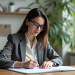 Femme en blazer examine un document dans un intérieur moderne