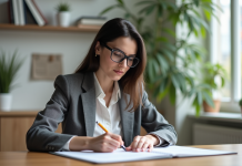 Femme en blazer examine un document dans un intérieur moderne