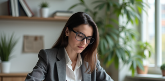 Femme en blazer examine un document dans un intérieur moderne