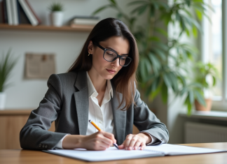 Achat immobilier : comment réduire les frais de notaire ? Femme en blazer examine un document dans un intérieur moderne