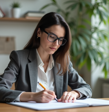 Achat immobilier : comment réduire les frais de notaire ? Femme en blazer examine un document dans un intérieur moderne