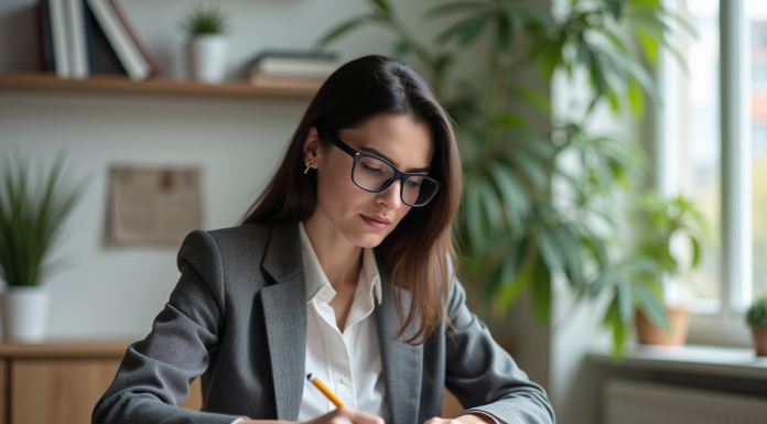 Femme en blazer examine un document dans un intérieur moderne