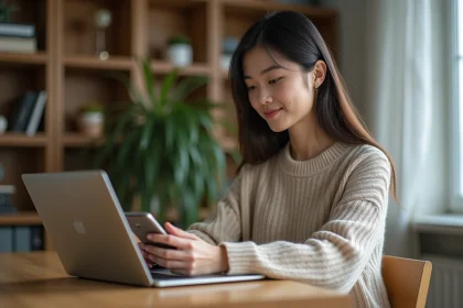 Jeune femme utilisant un ordinateur portable dans un bureau &agrave; domicile