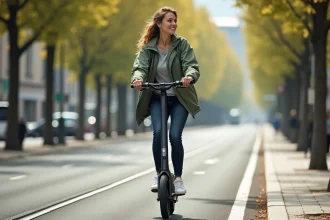 Jeune femme en trottinette électrique sur une piste cyclable urbaine en ville européenne