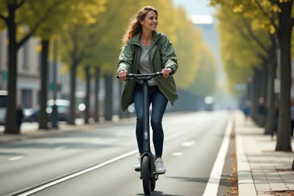Jeune femme en trottinette électrique sur une piste cyclable urbaine en ville européenne