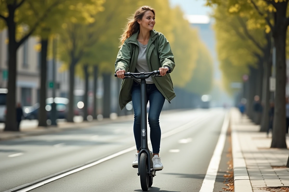 Jeune femme en trottinette électrique sur une piste cyclable urbaine en ville européenne
