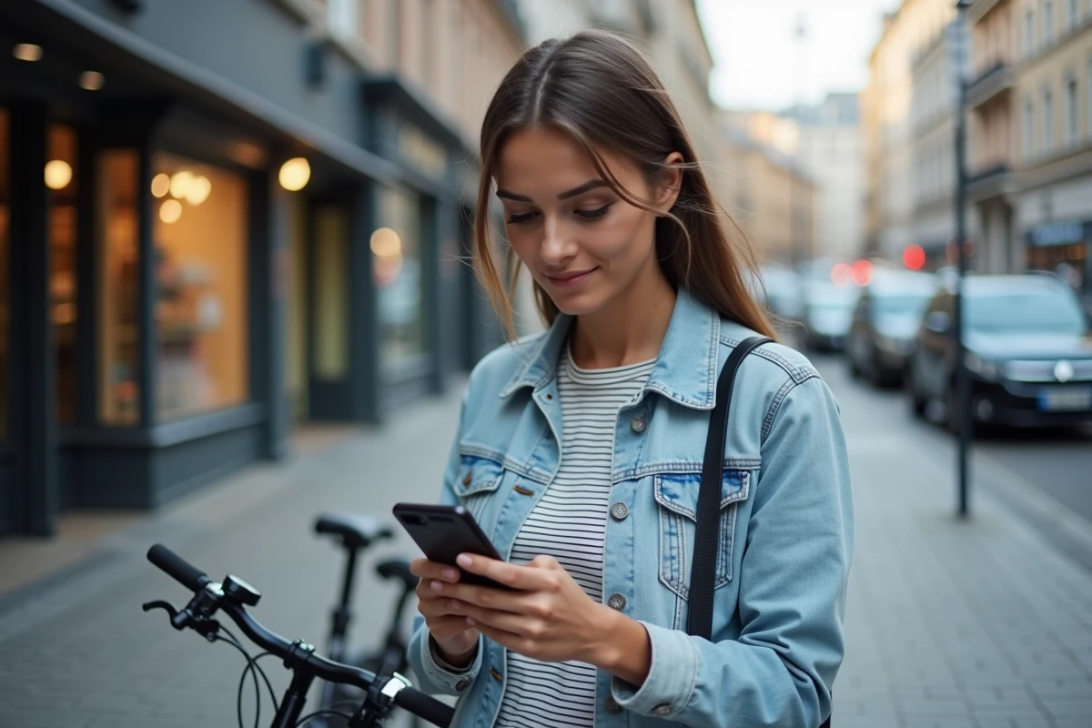Femme consultant une application GPS sur smartphone avec réglage des unités de distance en ville à vélo
