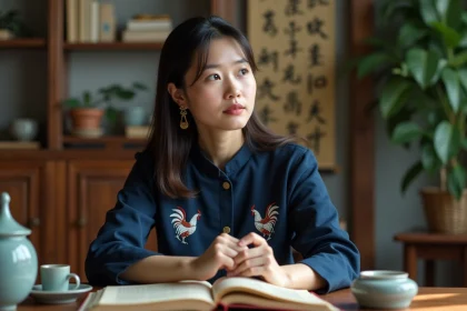 Femme asiatique r&eacute;fl&eacute;chie tenant un calendrier chinois