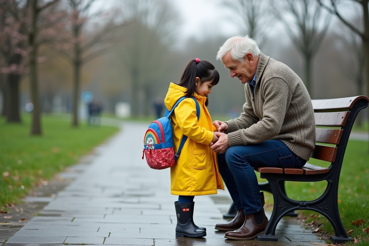 Jeune fille en imperméable jaune avec un adulte dans un parc en train d’attacher son sac