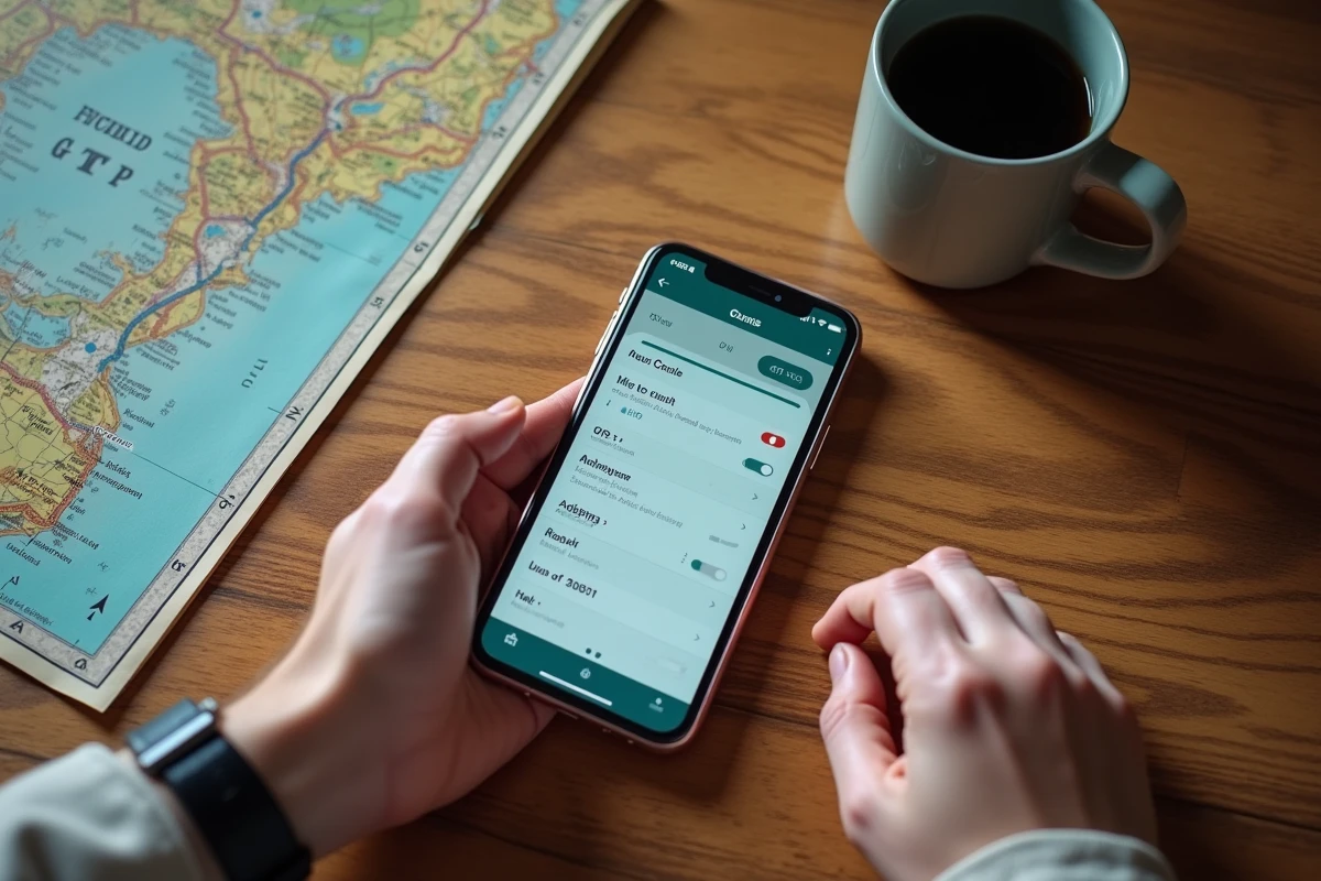 Flatlay d'un smartphone affichant les paramètres GPS de conversion miles en kilomètres posé sur un bureau avec une carte routière
