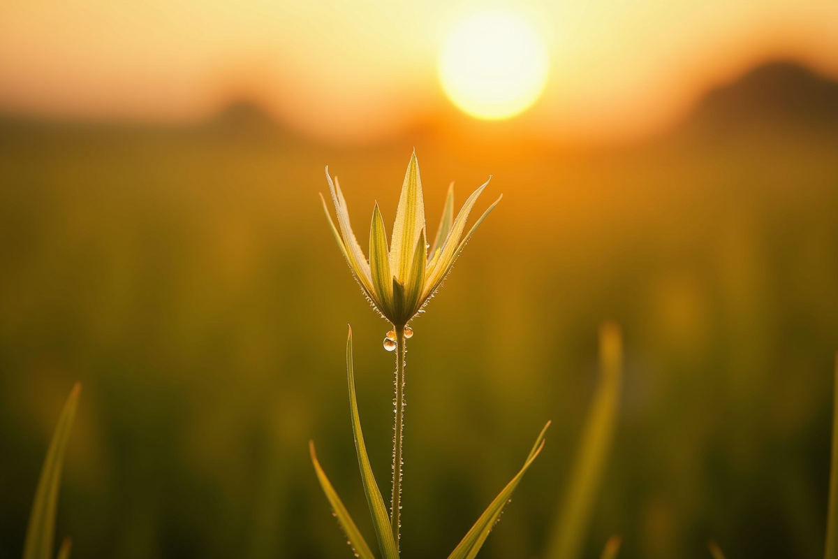 Fleur de vetch en V au coucher du soleil avec de la rosée