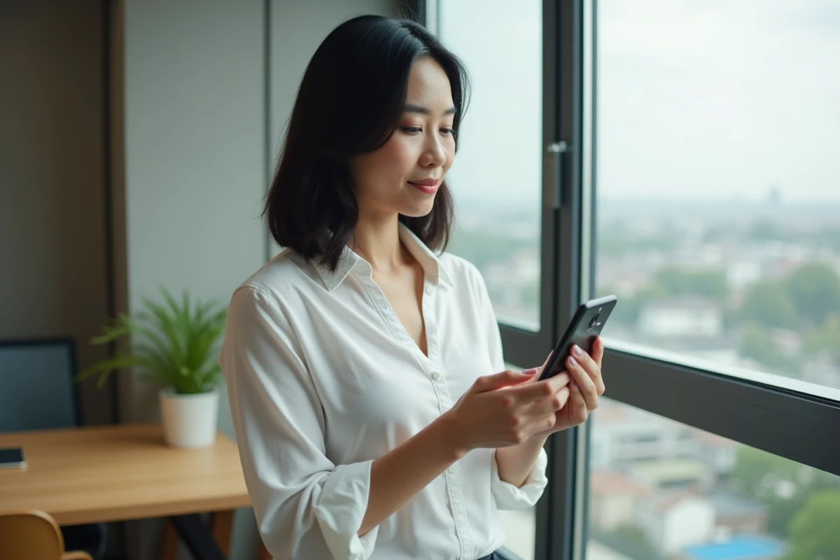 Femme analysant le forfait international Lycamobile sur son smartphone depuis son bureau à domicile