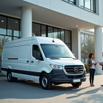 Prix d’un fourgon : quels critères influencent le tarif d’un fourgon utilitaire ? Fourgonnette blanche en vente devant un concessionnaire
