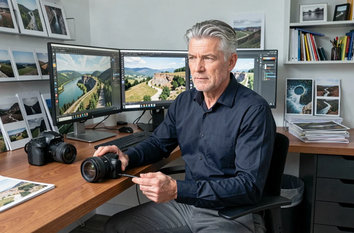 Frantz Meyers photographe en post-traitement dans son studio avec des images du Tarn à l'écran