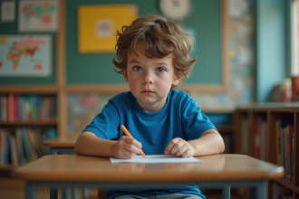 Garçon de 7 ans seul à son bureau en classe