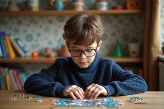 Enfant curieux explorant des jeux éducatifs à la maison
