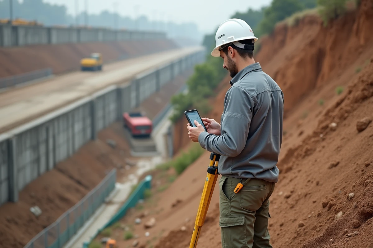Technicien géomètre mesurant la pente d'un talus de chantier routier avec application smartphone affichant degrés et pourcentage
