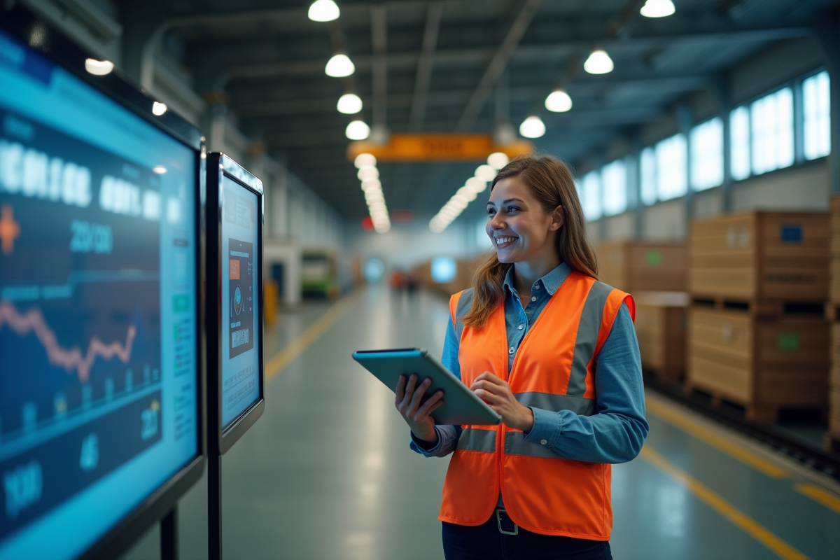Jeune femme gestionnaire de logistique avec tablette dans un terminal ferroviaire