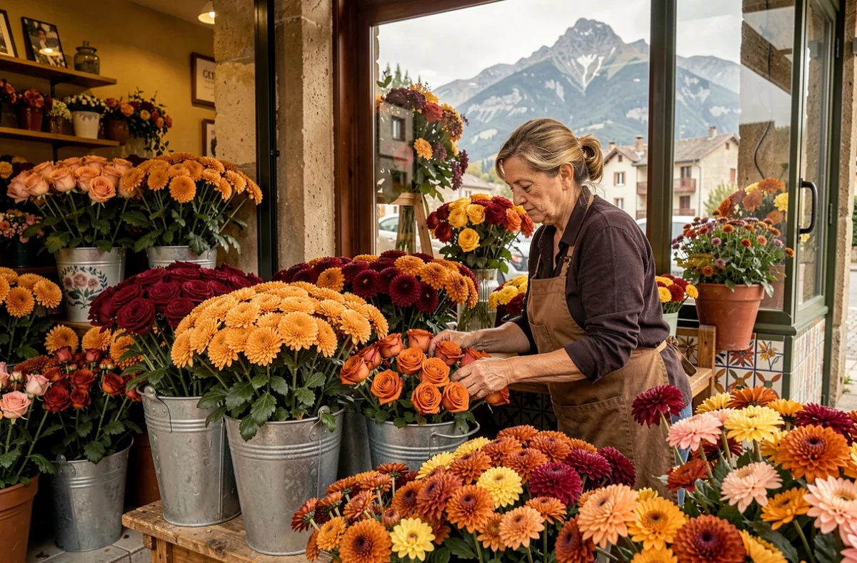 Fleuriste de Gisèle Fleurs à Tarbes soignant des seaux de chrysanthèmes, roses et dahlias d'automne devant sa boutique avec les Pyrénées en arrière-plan