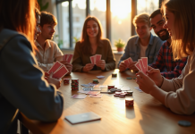 Groupe d'amis jouant aux cartes dans un salon lumineux