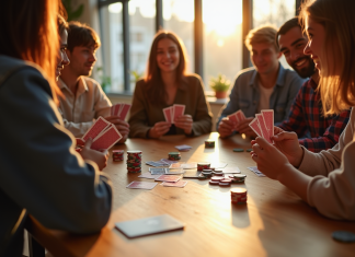 Groupe d'amis jouant aux cartes dans un salon lumineux