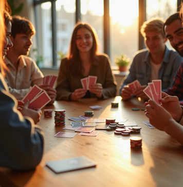 Groupe d'amis jouant aux cartes dans un salon lumineux