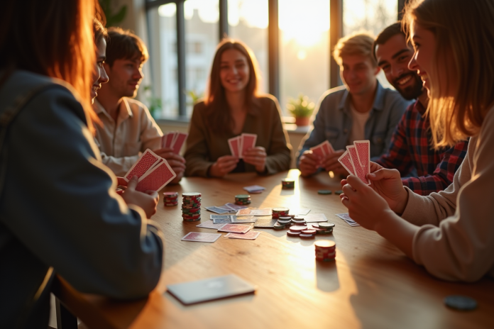 Groupe d'amis jouant aux cartes dans un salon lumineux